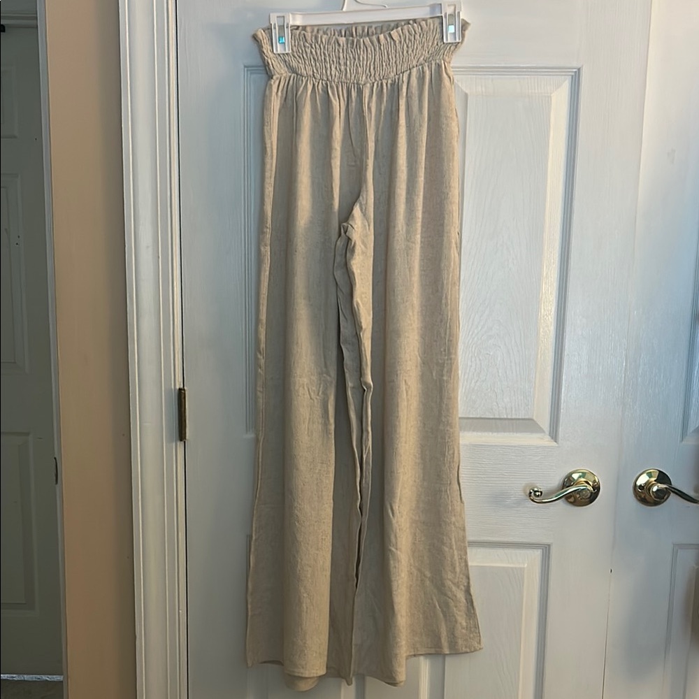 Women's Pink Lily Beige Wide-Leg Beach Linen Pants
